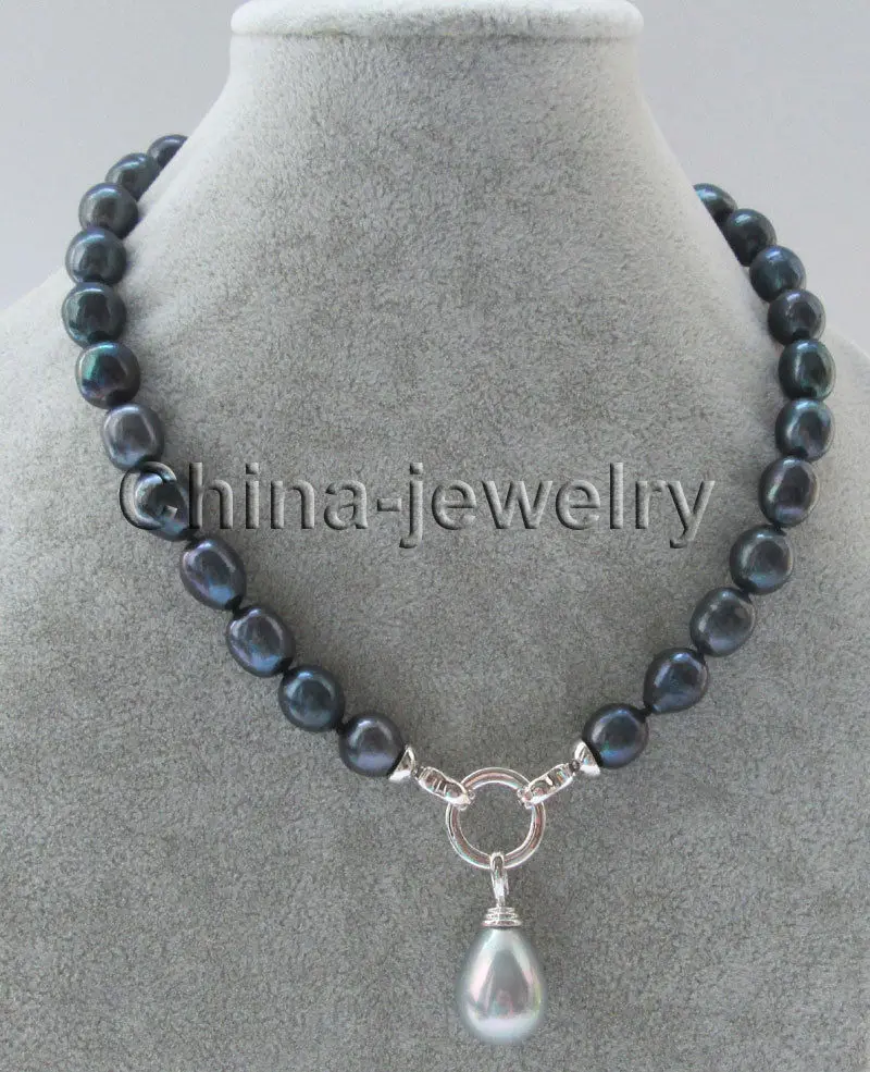 

18" 10-11mm black baroque freshwater pearl necklace + 16mm gray shell pendant