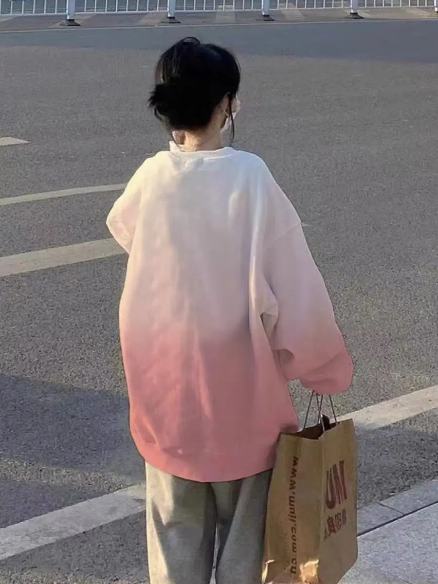 Gradient Pullover Fashion Letter Printing Street Women Hoodies Basic Simple Casual Classic O-Neck Pullover Female Hoodies