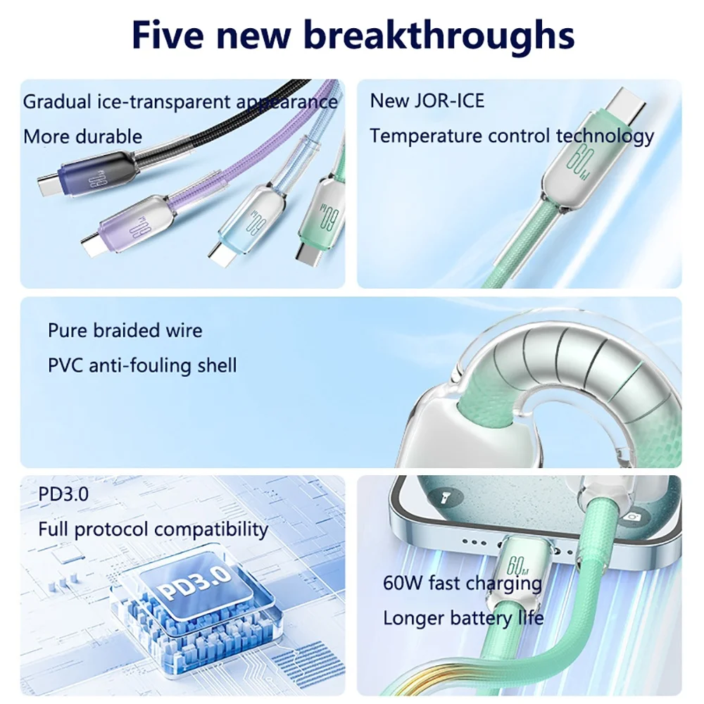 PD 60W USB C to Type C Cable Fast Charging Data Cord For Universal USB Charging Device PD USB-C Charging Cables 1/2M