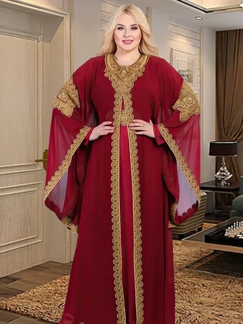 Party Dresses for Women Abaya Muslim Caftan 2 Piece Set Eid Flare Sleeves Robe Embroidered Gold Lace Dress Suit Jalabiya Ramadan 3