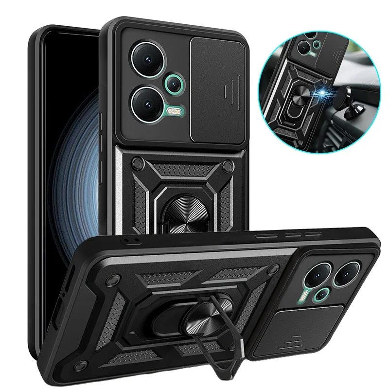 Enhanced Protective Armor Phone Case with Slide Camera Lens Guard and Car Holder Stand
