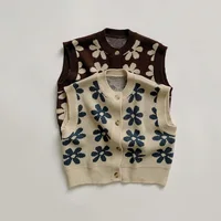Autumn Baby Knit Vest Retro Flower Sleeveless Garment Kids Cardigan for Girls Boy Sweater Children Clothing Fashion Baby Clothes 2