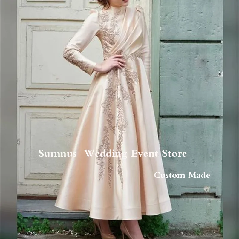 Sumnus Vintage Champagne  A Line Prom Dress Ankle Length  Appliques Party Graduation Gowns High Neck Long Sleeve Formal Dresses light blue prom dresses