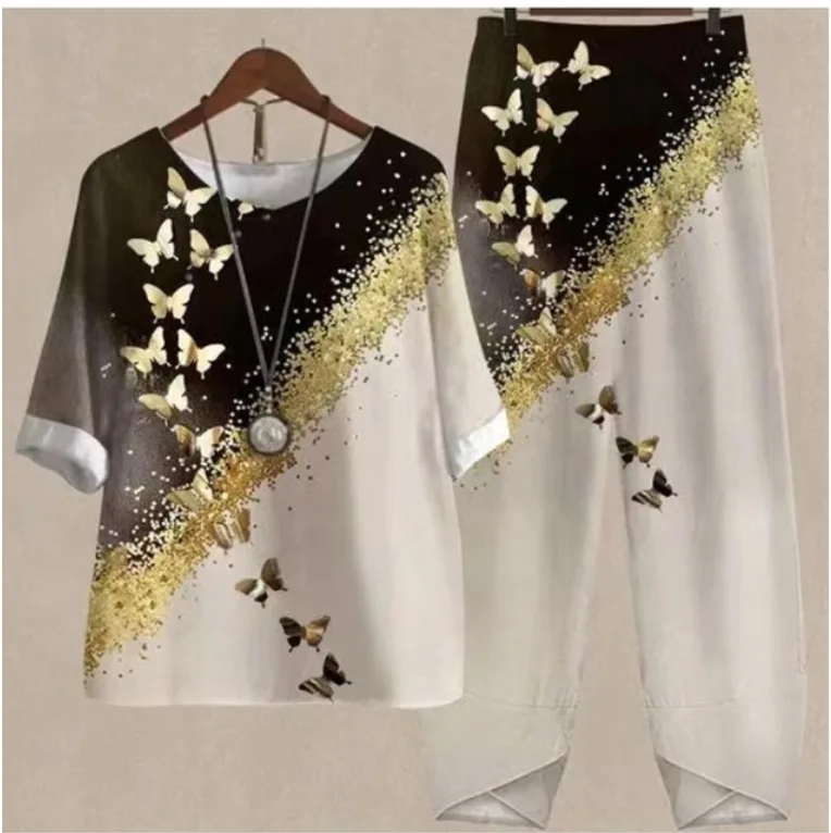 Women's casual printed two-piece set with O-neck pullover top and matching long pants for summer holidays and everyday wear. beige