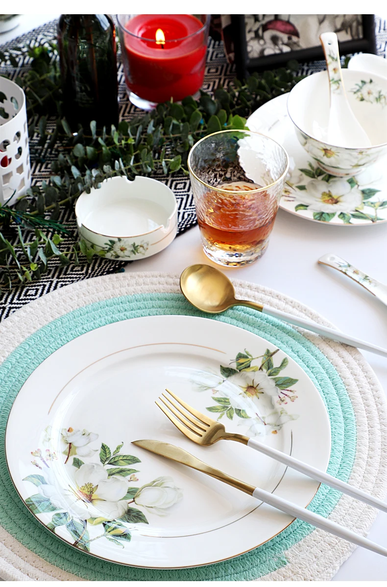 Bone China Dinnerware Set - Floral Ceramic Plates Bowls  Soup Pots