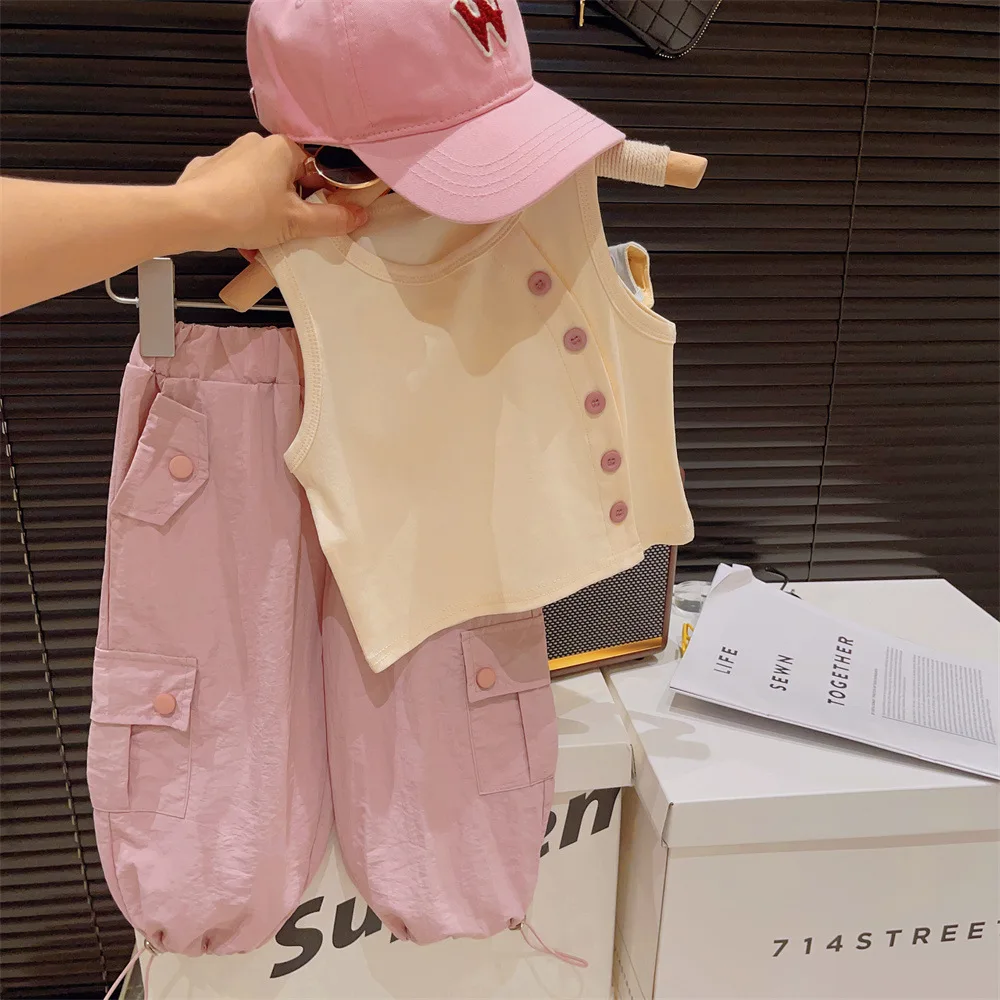 Summer Baby Girl Clothes Fashion T Shirt + Cargo Pants Sets Cute Button Vest Hip Hop Suit for Kids Baby Girl Outfit Set