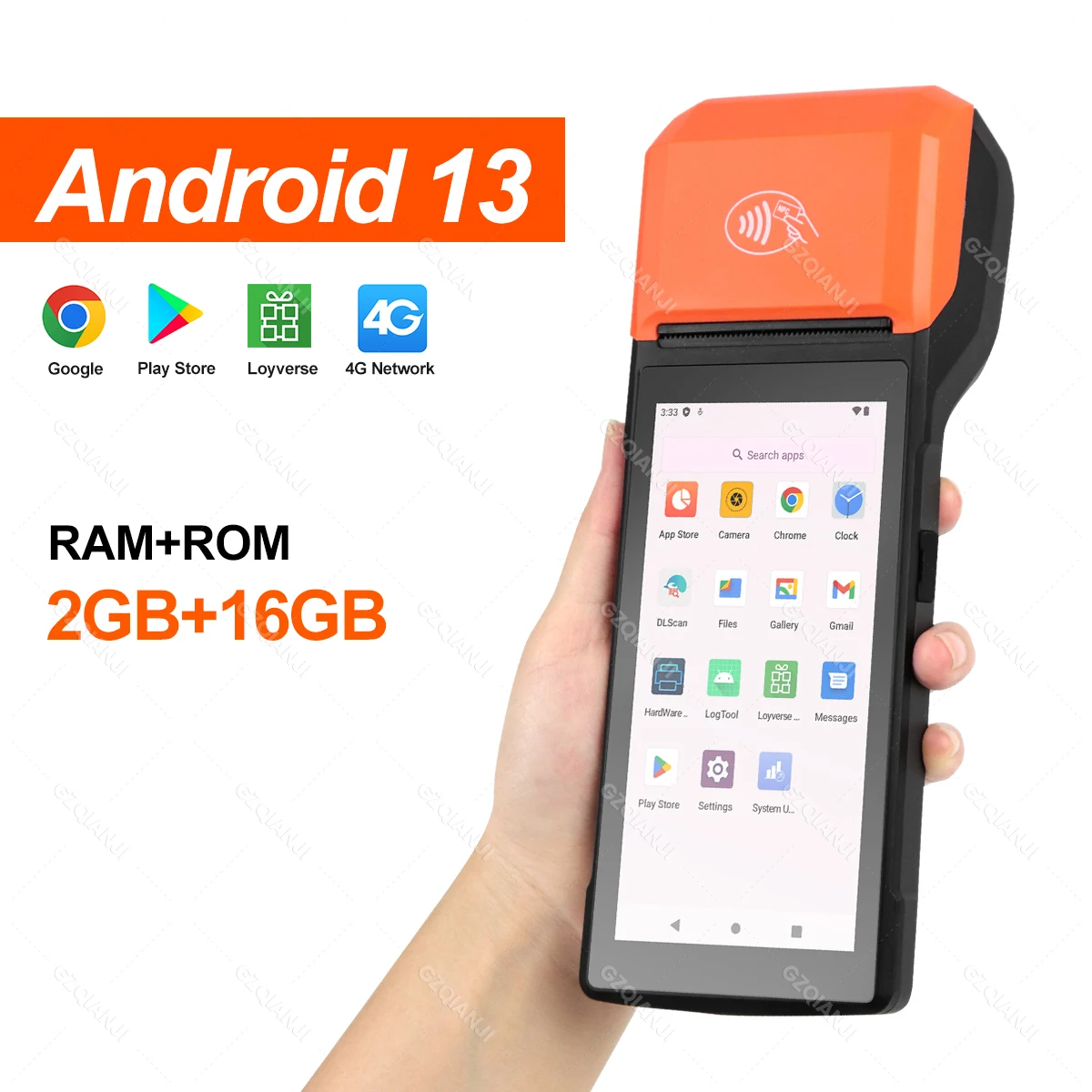 Terminal POS portátil Android 13/8.1 3G 4G con impresora térmica de 58 mm, escáner 1D 2D, lector NFC, RAM 3 GB, ROM 32 GB, dispositivo móvil