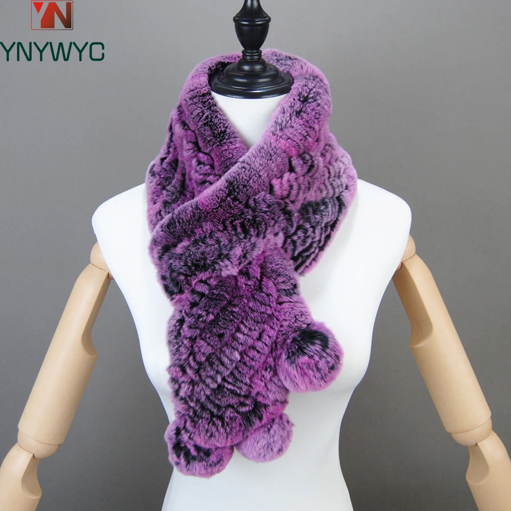 New Winter Real Rex Rabbit Fur Scarves Women 100% Natural Rex Rabbit Fur Muffler Lady Knitted Genuine Neck Warmer Scarf
