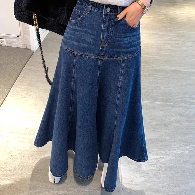 데님 스커트 여성의 가을과 겨울 고급 패션 복고풍 큰 헴 라인 스커트 높은 허리 슬리밍 젊은 피쉬 테일 긴 원피스