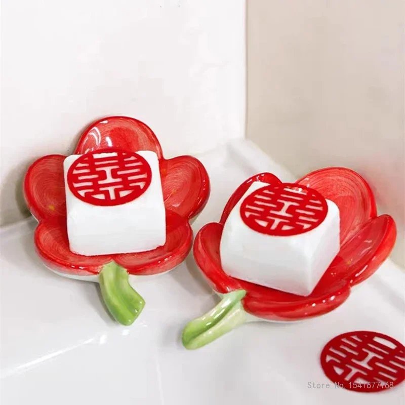Flower-shaped Ceramic Soap Case Creative Drainage Soap Dish Light Luxury Storage Rack Box Household Bathroom Kitchen Article 1Pc