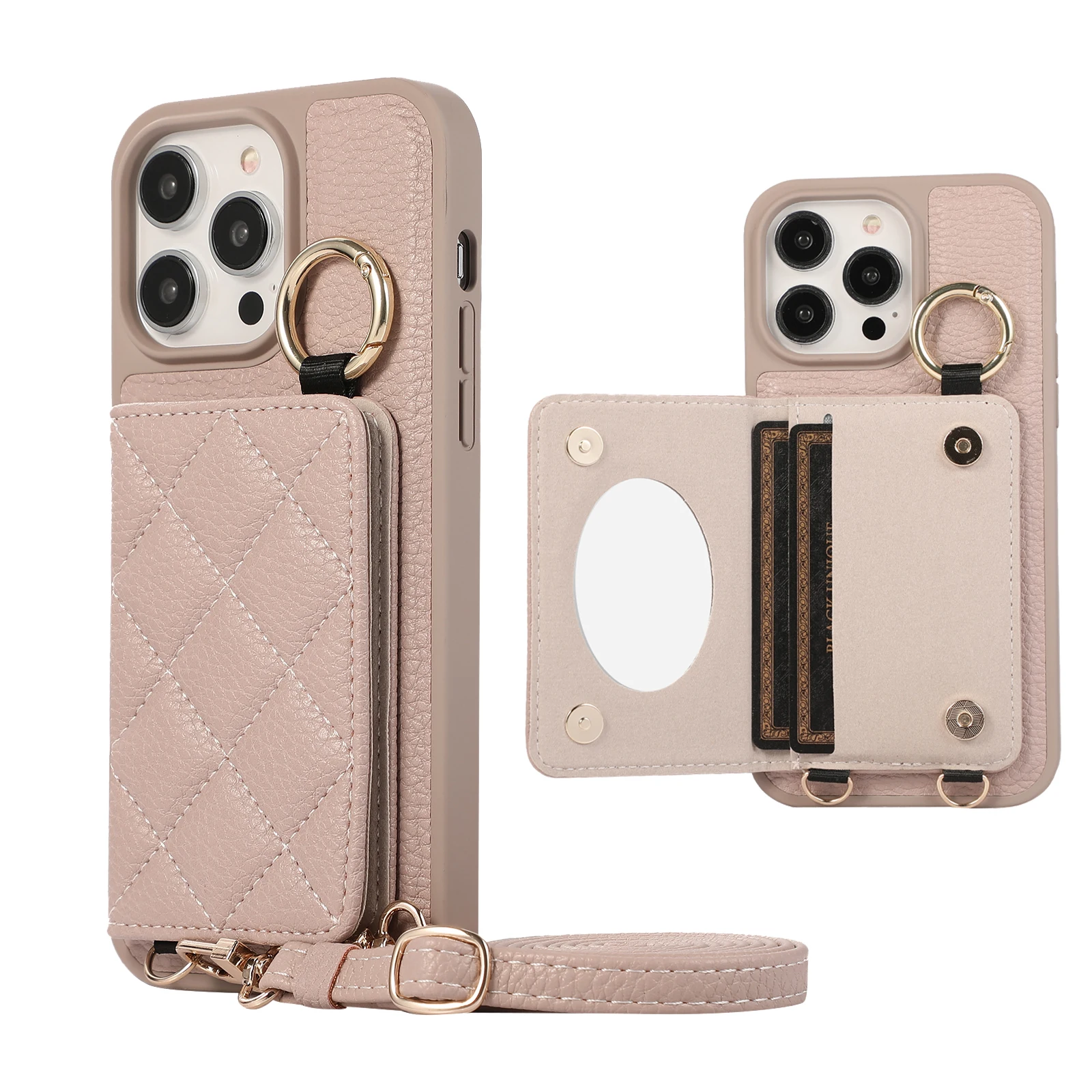 Crossbody Leather Mirror Card Holder Wallet Case For iPhone 15 Pro Max 14 13 12 11, Hand Strap Wristband Kickstand Phone Cover