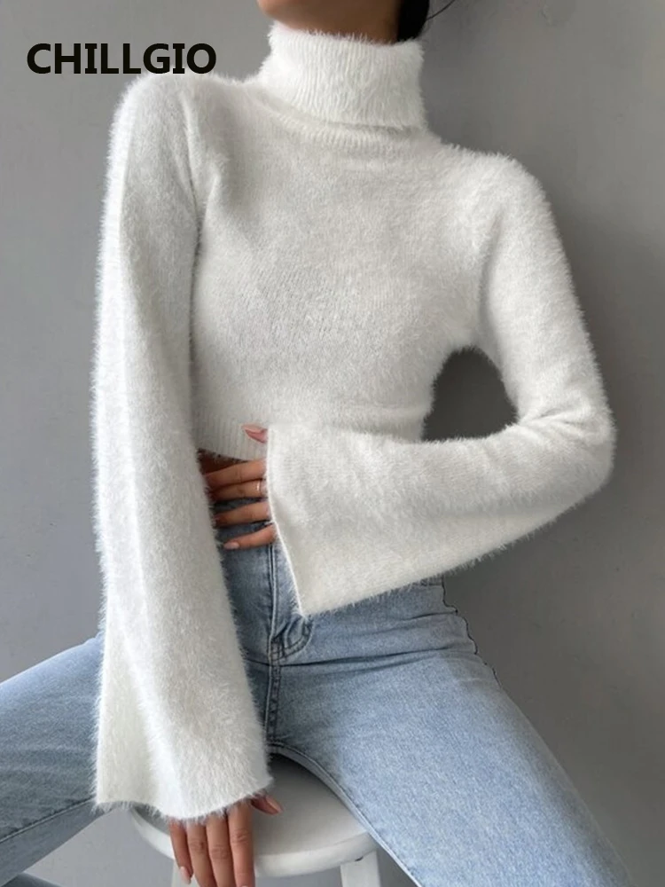 

CHILLGIO Women Knitted Mohair Sweater Fashion Solid Soft Bodycon Knit Tops Party Streetwear Korean Autumn Winter Warm Turtleneck