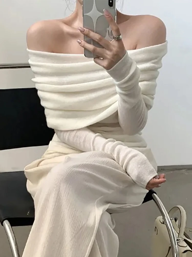 여성용 긴팔 니트웨어, 솔리드 오프 숄더, 얇은 풀오버, 슬래시 넥 스웨터, 우아한 사무실 상의, 2023, 가을