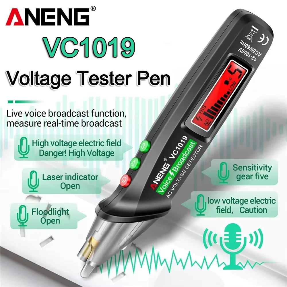 ANENG VC1019 Non-Contact Voltage Tester Pen Voice Broadcast Red Laser Detect 12-1000V Volt Current Electric Test Meter Tools electric pen tester