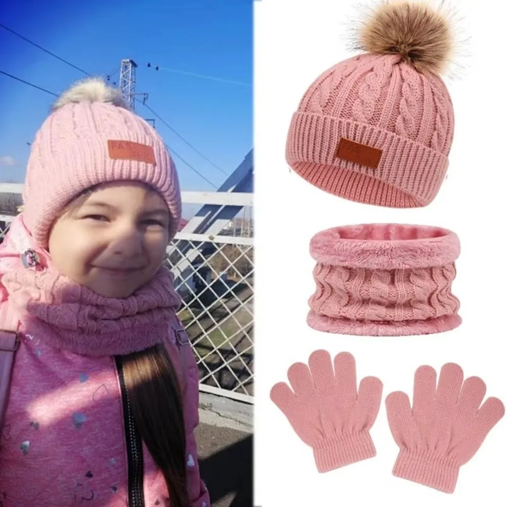 3pcs/set Solid Color Baby Hat Scarf Gloves Set Cute Pompom Warmer Knitted Hats Comfortable Kids Hat Set Autumn Winter