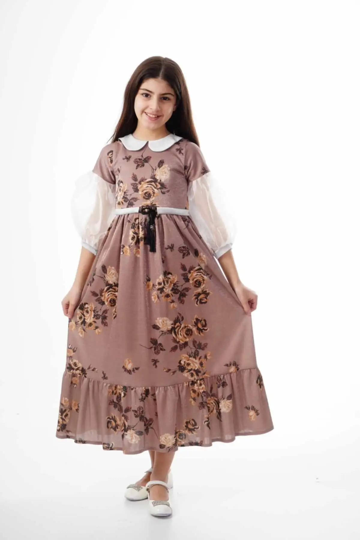 

Girl Floral Silvery Hijab Dress Long Brown Trend Woven Bebe Collar with Zipper Balloon Printed Young Lined