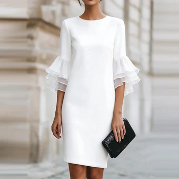 Women Fashion O-Neck Hight Waist Short Dress Elegant Personality Solid Slim Mini Dresses Casual Ruffle Flare Sleeve Summer Dress 1