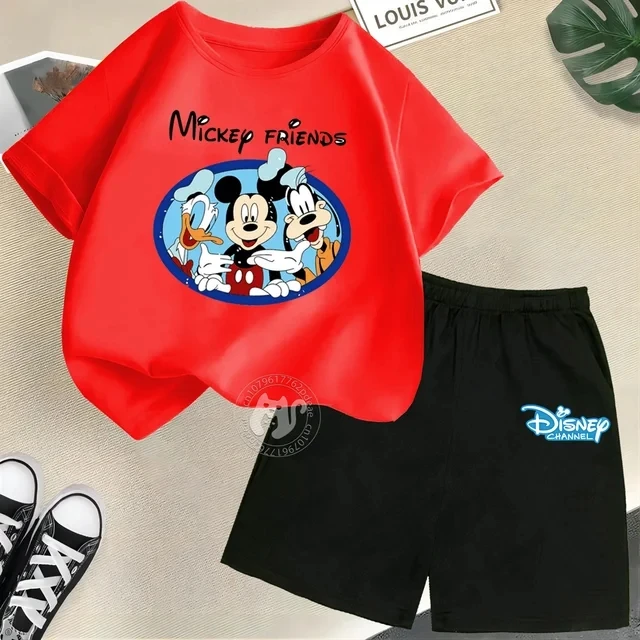 thumbnail image 1 of Camiseta y pantalones cortos con estampado de Mickey Mouse de verano para niños y adolescentes, traje de 2 piezas, ropa deportiva informal para niños y niñas, conjunto de moda Sunshine, 1 of 5