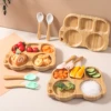 Baby Silicone Sucker Plate Spoon Fork Sets Children Feeding Tableware Set BPA Free Wooden Food Grade Dinner Plate Baby Stuff 1