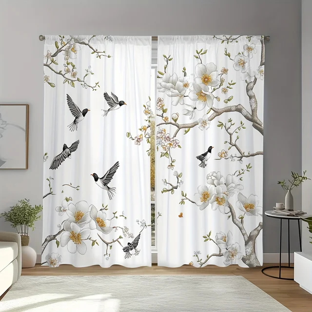 ผ้าม่านพิมพ์ลายดอกไม้และนก 2 ชิ้น ผ้าโพลีเอสเตอร์ ซักด้วยเครื่องซักผ้าได้ เหมาะสำหรับห้องนั่งเล่น ห้องนอน 1