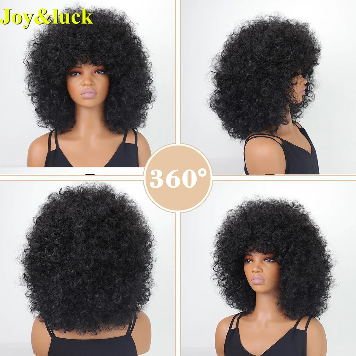 Synthetic Wigs  Cosplay Short  Curly  Black With  Bangs  Women Wig Afro  Kinky  Fluffy Female Curls Hair - 3