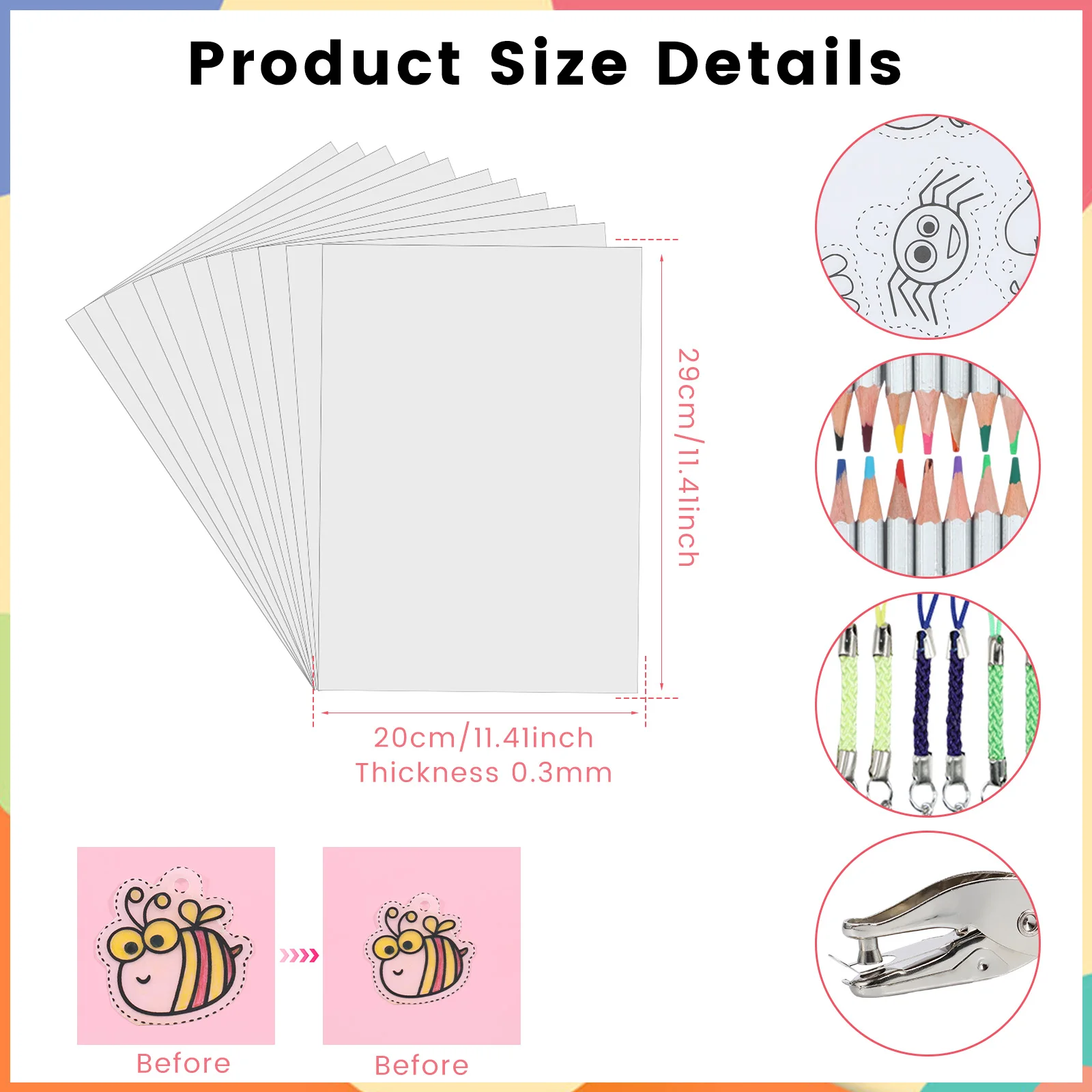 Craft Supplies Heat Shrink Plastic Sheet Shrinkles Film Paper Key Rings Kit DIY Handmade Art Shrinking Keychain 200Pcs for Gift