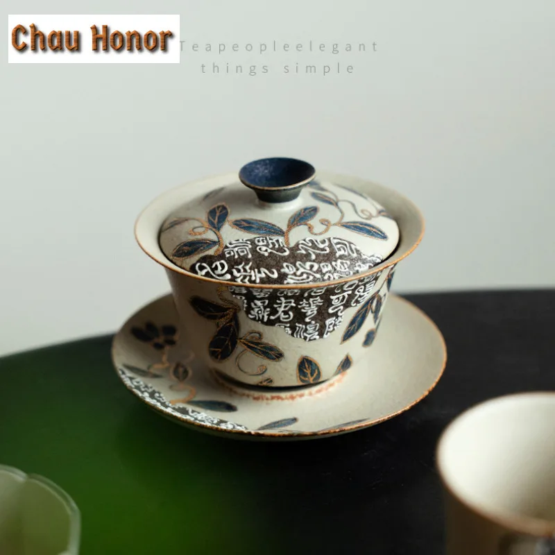 Boutique Blue And White Flint Red Gaiwan Handmade Gold Drawing Entwined Lotus Covered Bowl Tea Making Tea Bowl Kung Fu Teaset