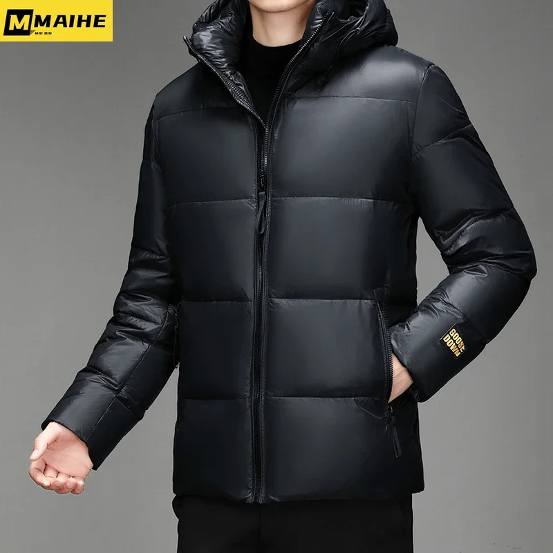 Men's down jacket Short hooded black gold bright Winter jacket Street wear Men women Korean trend ski white goose down coat