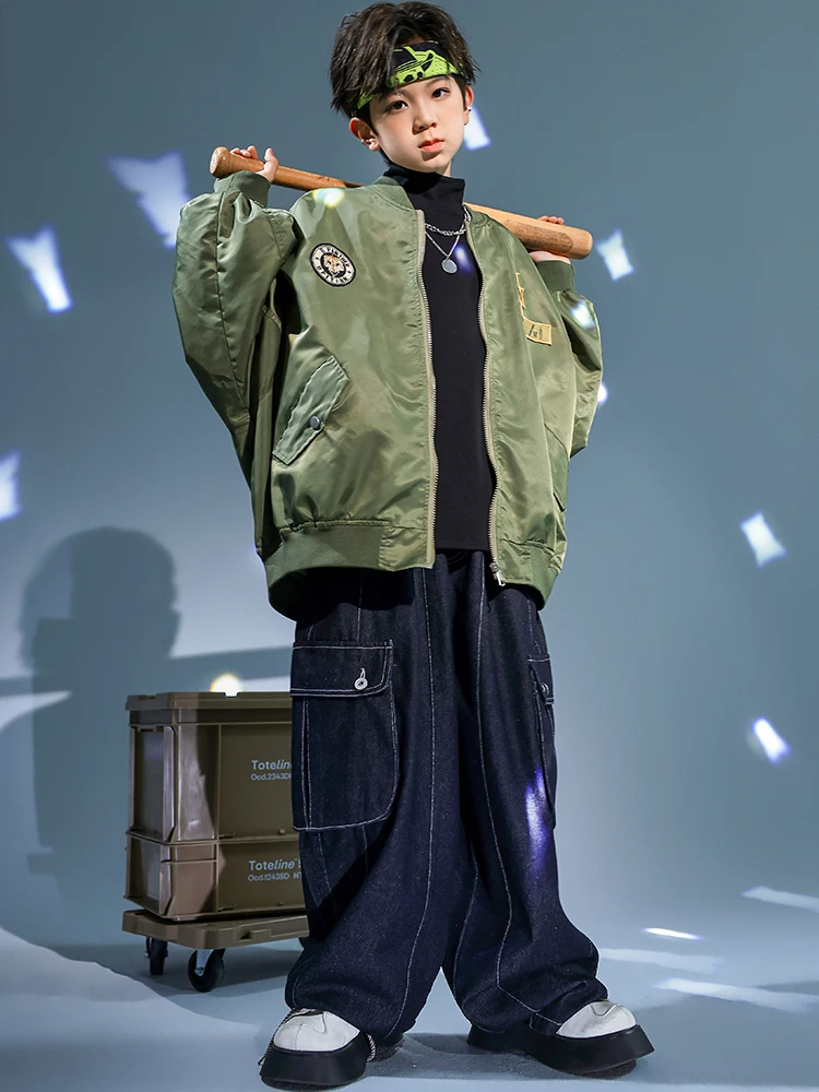 

Костюм джазовый детский для танцев в стиле модерн, свободный костюм из зеленой куртки и брюк, одежда для выступлений и танцев в стиле хип-хоп, DQS14591