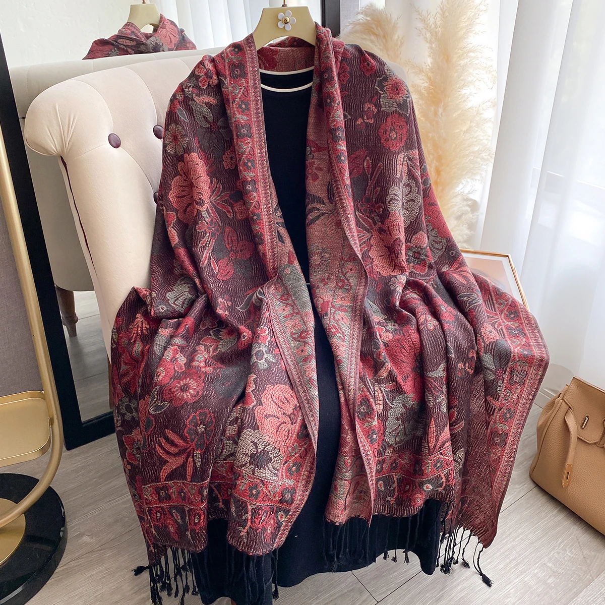 Luxury Women's Winter Cashmere Scarf - Embroidered Printed Tasseled Shawl, Elegant Pareo Cape & Chunky Headscarf