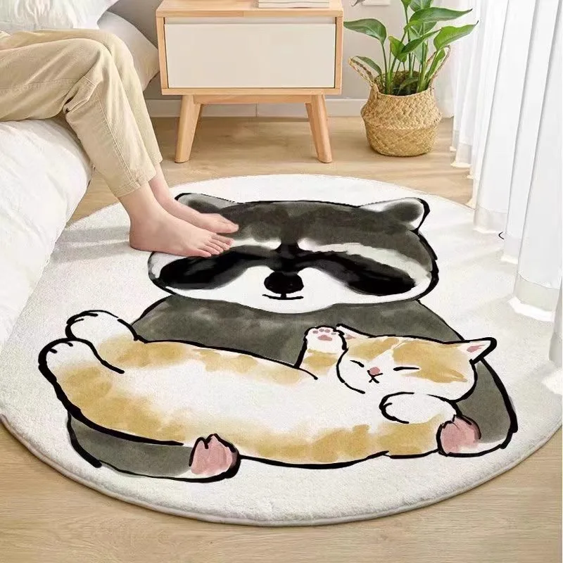 Cute Round Bedroom Rug Creative Cartoon Animal Pattern Living Room Carpet Modern Minimalist Home Decor Coffee Table Mat Alfombra