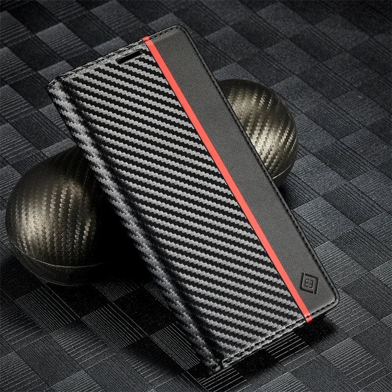 Carbon Fiber Magnetic Flip Leather Wallet Case, Soft Protective Cover