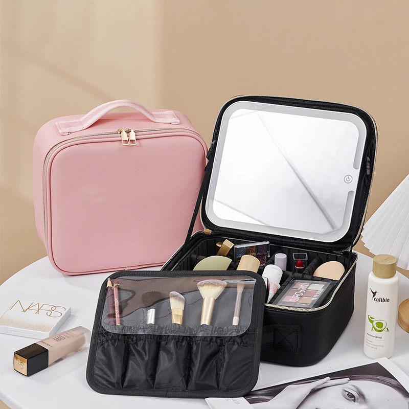 Smart LED Cosmetic Case With Mirror Travel Makeup Bag Large Capacity Female Beautician Skincare Product Makeup Case For Women