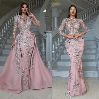 Customized African Pink Cocktail Evening Dresses Sheer Jewel Neck Long Sleeve Mermaid Sexy Detachable Train Prom Vestidos 1