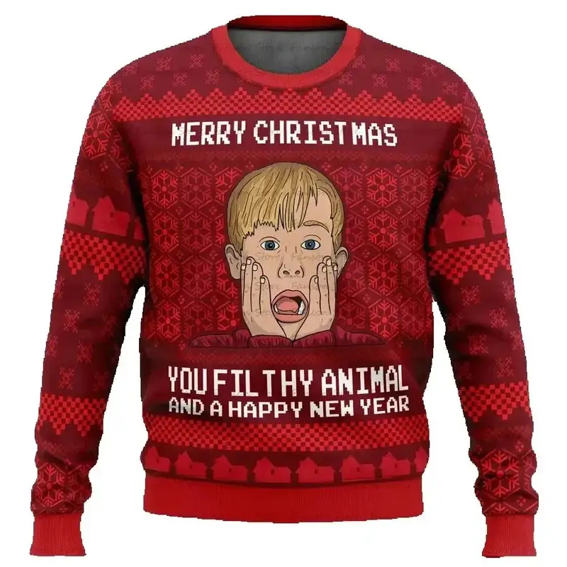 Merry Christmas alone at home Ugly Christmas sweater cartoon animation Men's pullover 2026 fashionable couple shirts Sweatshirt - Image 5