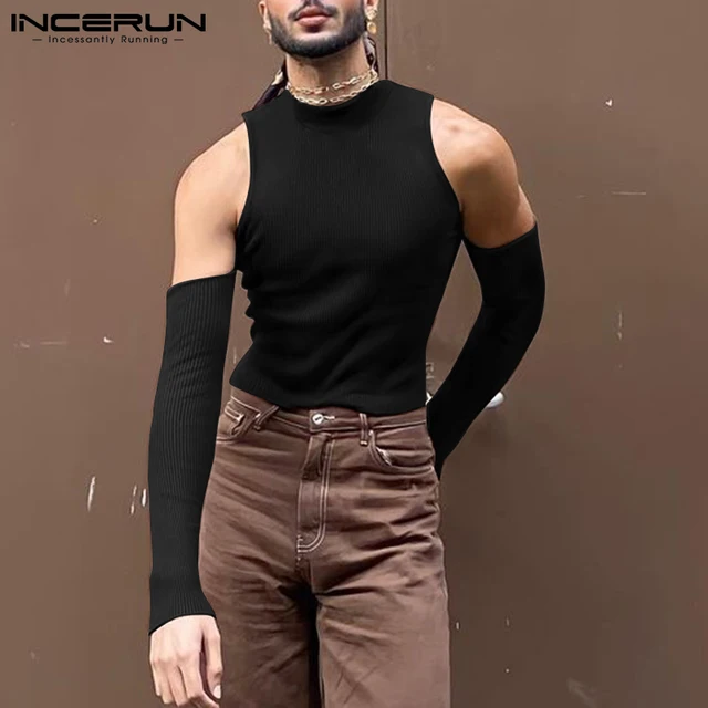 INCERUN Men T Shirt Solid Color Turtleneck Long Sleeve Off Shoulder Casual Camisetas 2022 Hollow Out Streetwear Sexy Crop Tops 2