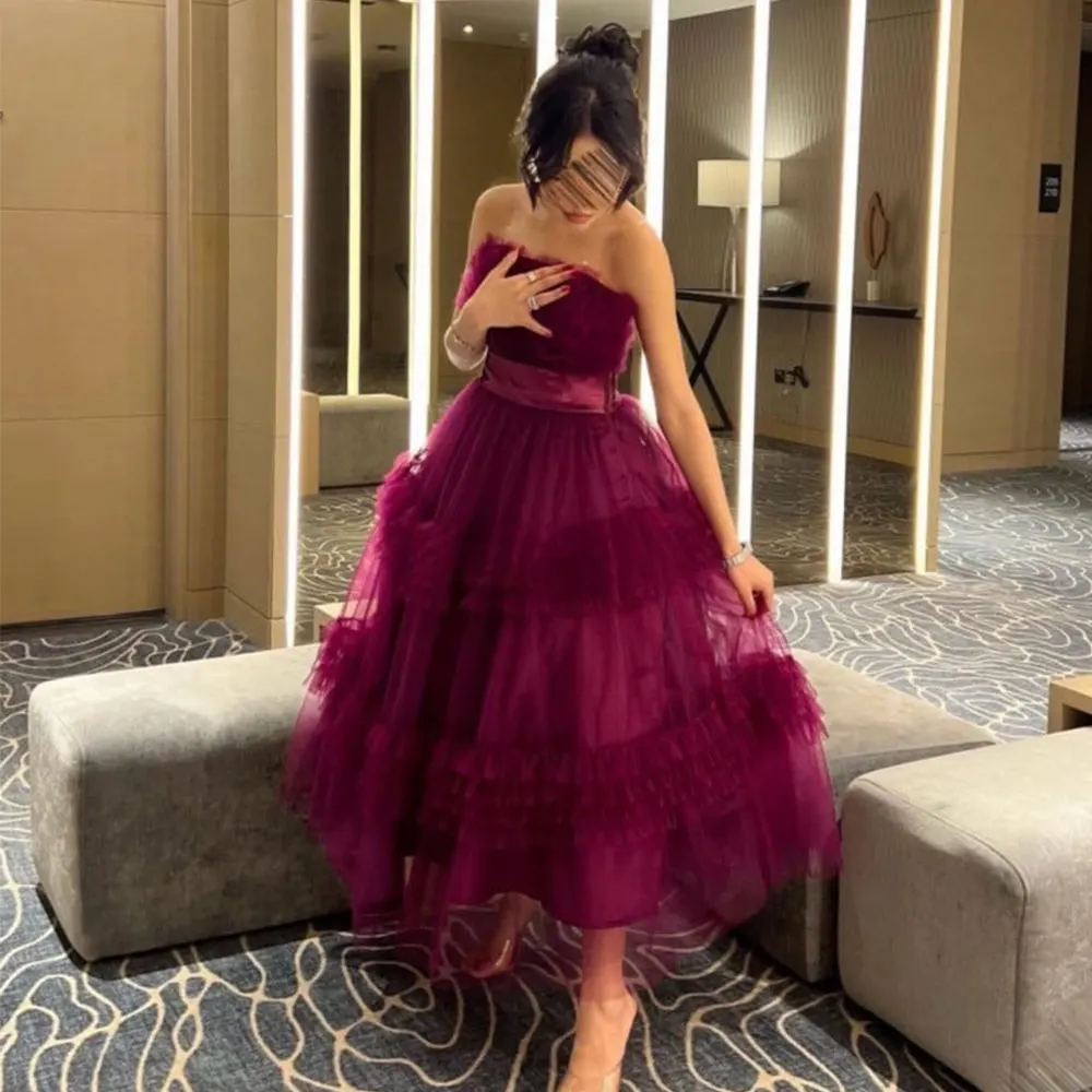 

Fashion Tulle Prom Dress Tiered Ruffles Strapless Backless Zipper Party Gown Tea-Length Vestido De Fiesta Elegante Para Mujer