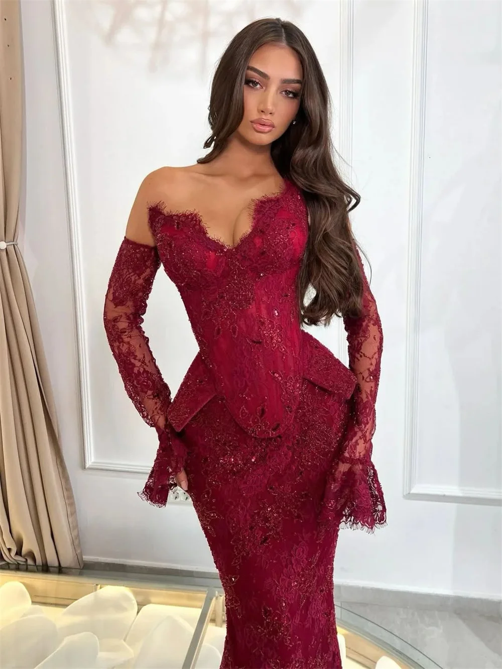Cathy Burgundy Shiny Lace Mermaid Prom Dresses Long Sleeves Floor-length |  eBay