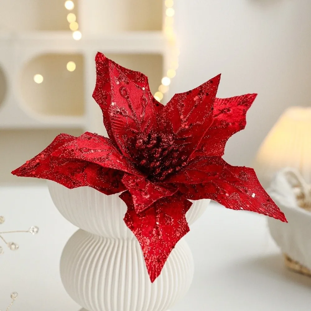Artificial Poinsettia Flower Gold Red Glitter Christmas Decoration