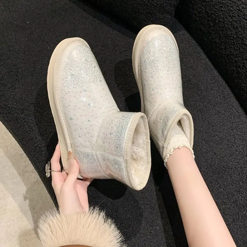 Winter Ankle Snow Boots Luxury Crystal Flats Women Shoes Plush Fur Warm Chelsea Boots Designer New Cotton Shoes Fashion Comfort