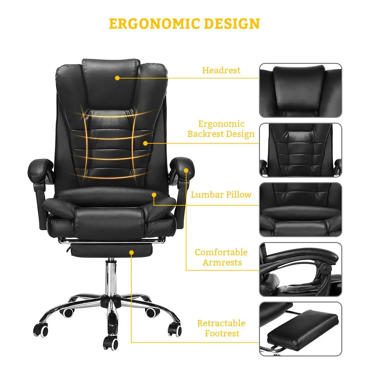 Reclining Office Chair, Executive Office Chair with Footrest, PU Leather  Office Chair, Ergonomic High Back Office Chair with Armrests, Adjustable