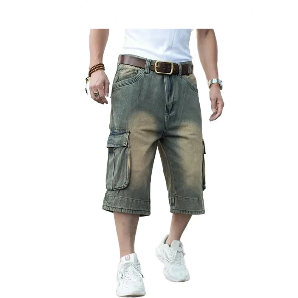 Plus Size Men's Denim Shorts Hip-Hop Wide-leg Jeans Multi-Pocket Cropped Denim Pants Cargo Jeans