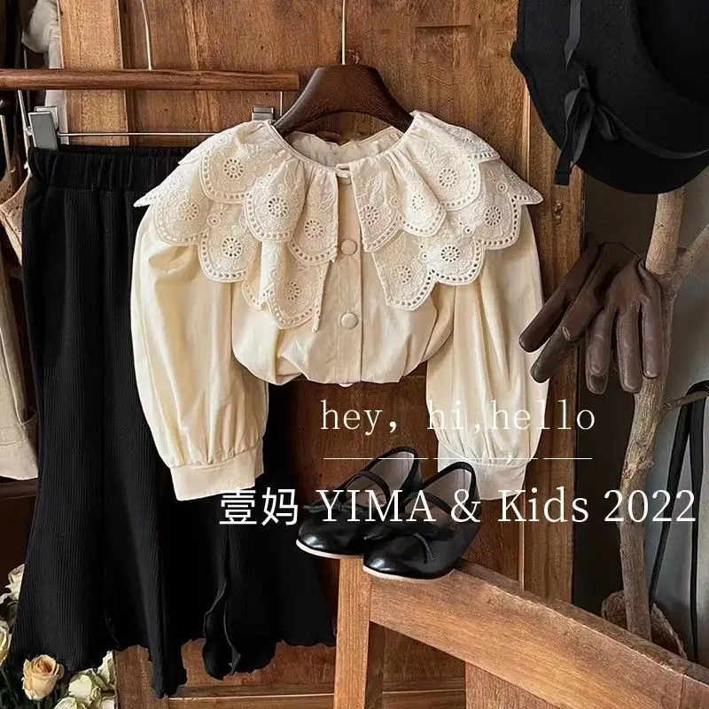 Children's Clothing Autumn Long sleeved Princess Top Girl's Lace Lace Lapel Beige Shirt 2023 Girls Blouse