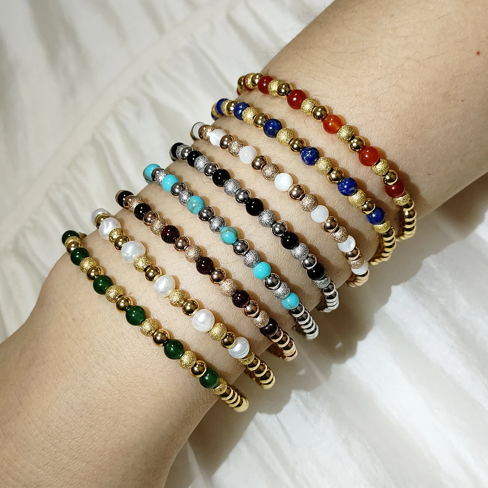 Metal Stainless Steel Nail Sand Ball 4mm Waterproof Jewelry Classic Women's Fresh Water Pearl Agate Stone Beads Elastic Bracelet