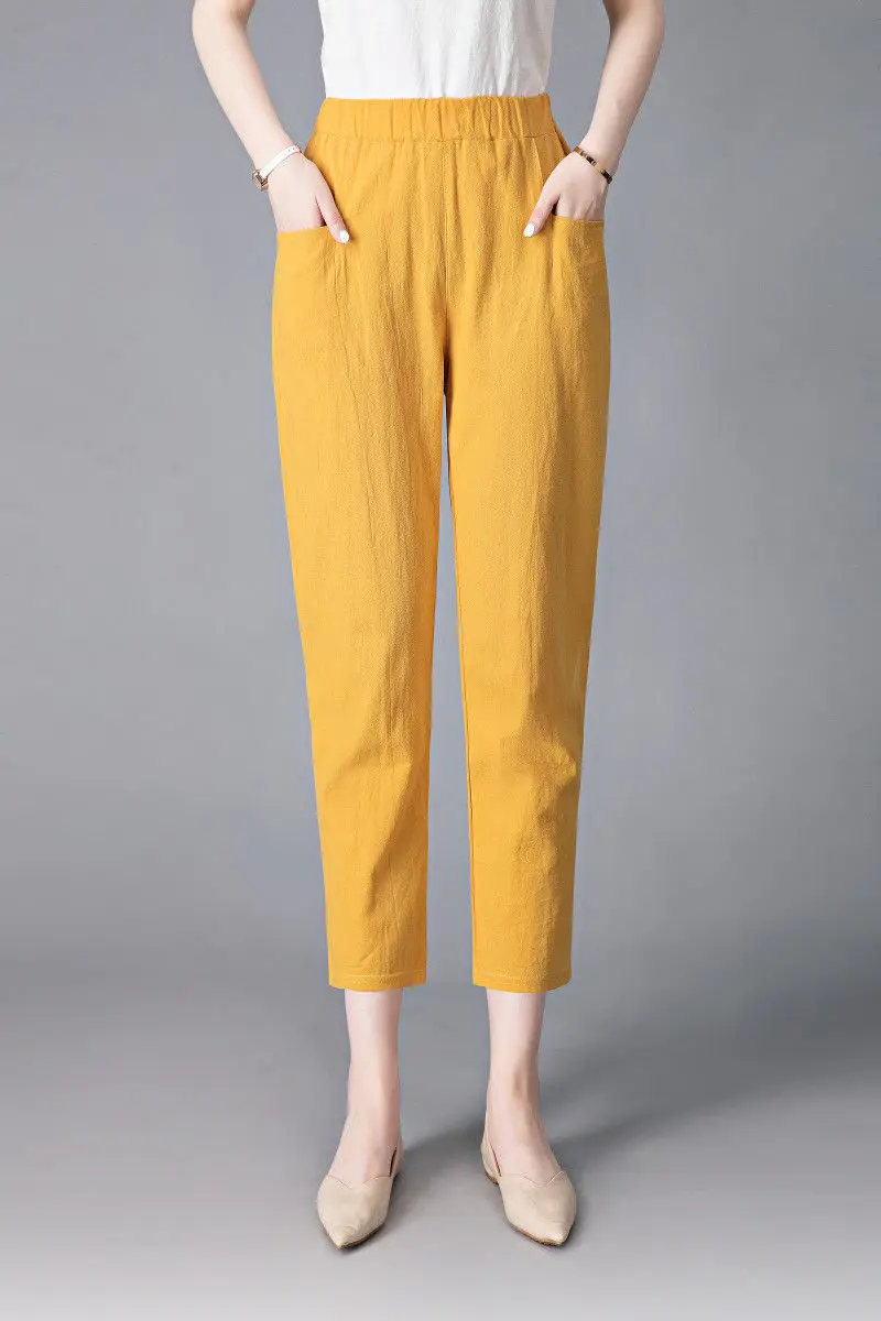 Large Size Korean Casual Thin Cotton Linen Pants Women Spring Summer Elastic Waist Ankle-Length Pants Woman Harem Trousers