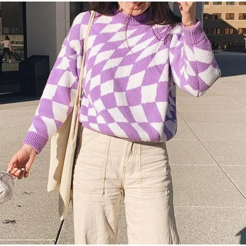 

Vintage Argyle Plaid Women Knitted Sweater O-Neck Loose Female Pullover Sweet Long Sleeve Lady Pullovers Chic Student Jumpers