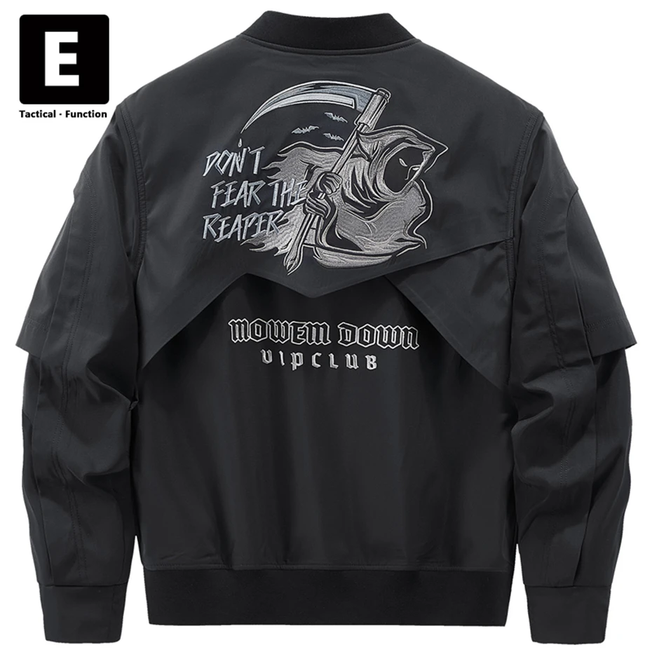 

Grim Reaper Embroidered Bomber Jacket Men Black Cargo Jacket Coat Streetwear Baseball Jacket Punk Techwear Male