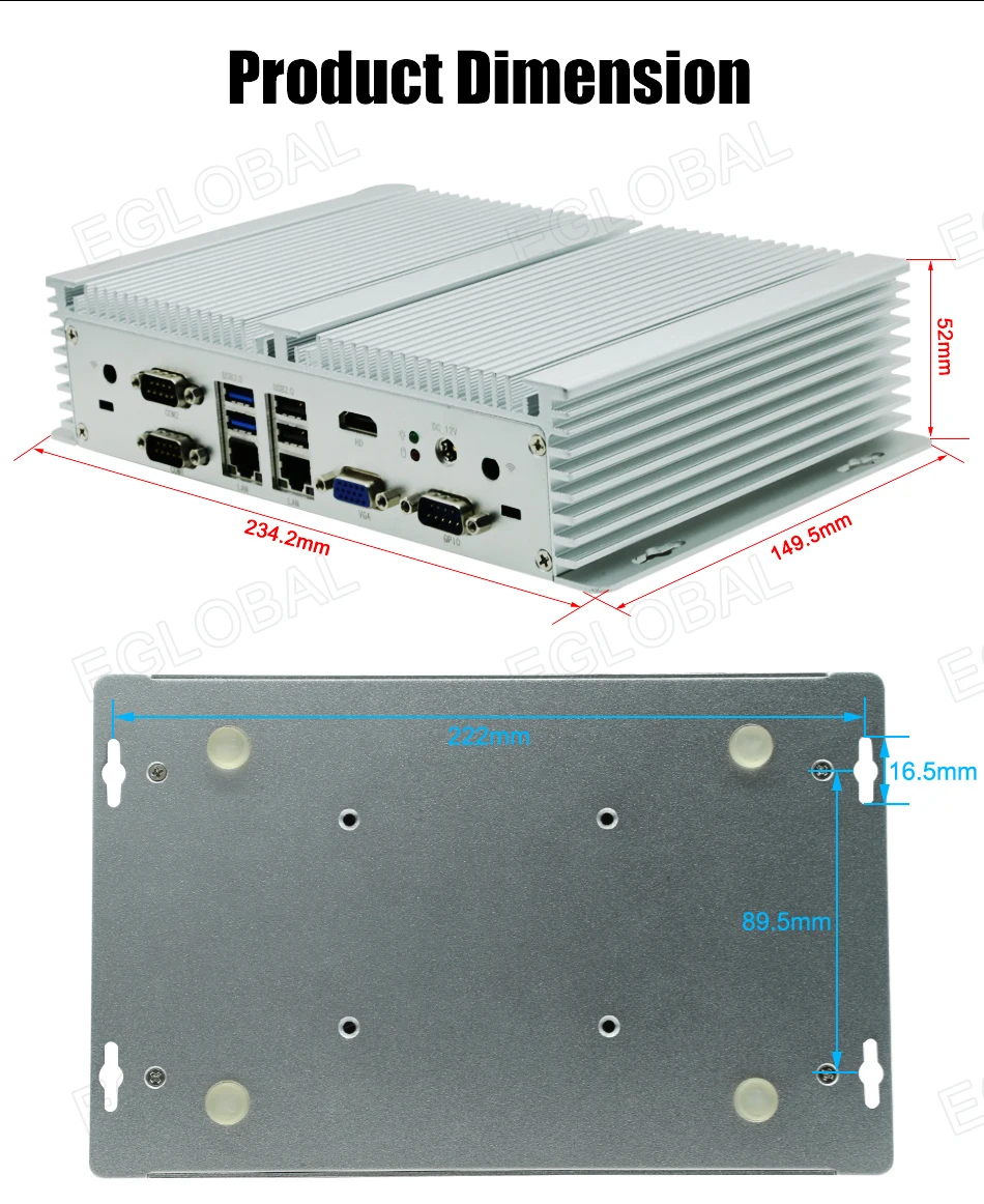 Eglobal Industrial Fanless Mini PC with I5 6300U, I7 10510U, Windows 7/8/10, VPN Router, VGA, HDMI, 4G, WiFi, BT Description Image.