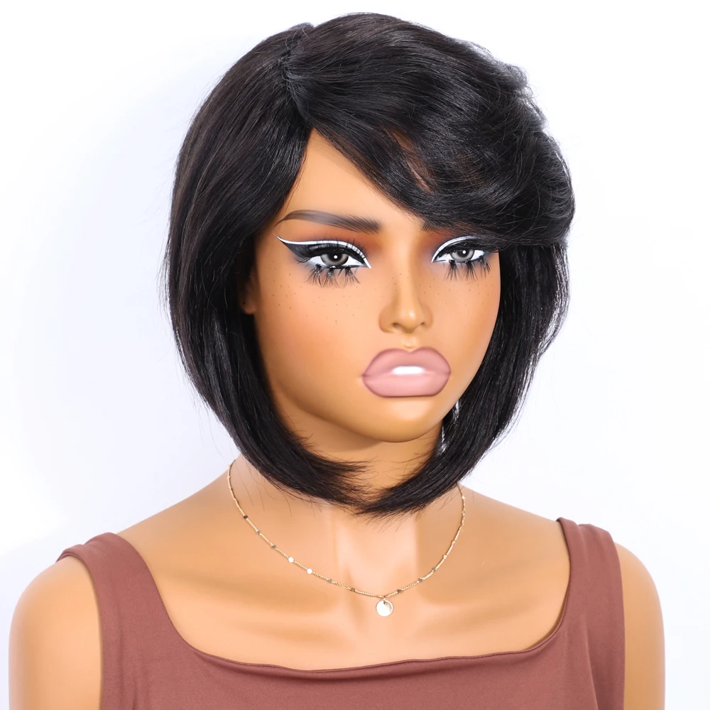레커 글루리스 블랙 숏 픽시컷 스트레이트 밥 100% 인모 가발 여성용 브라질 레미 헤어 풀 머신 메이드 컬러드