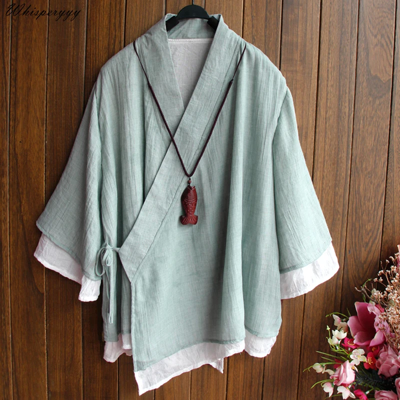 Cotton And Linen Shirt Spring Top for Women Vintage Chinese Style Elegant Hanfu Shirt Female V-neck Elegant Blouse Double-deck Women Chinese Shirt